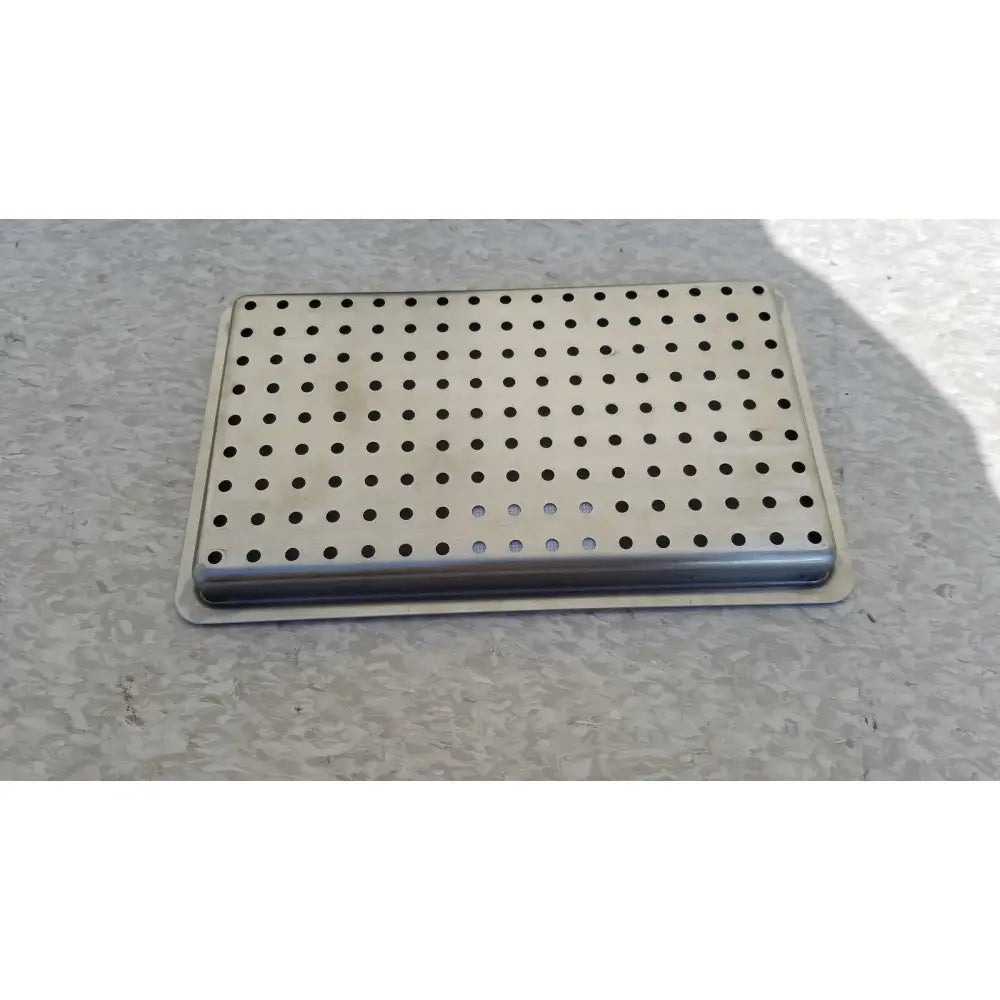 Rectangular stainless steel 1 layer tray with circular perforations for instrument sterilization case use