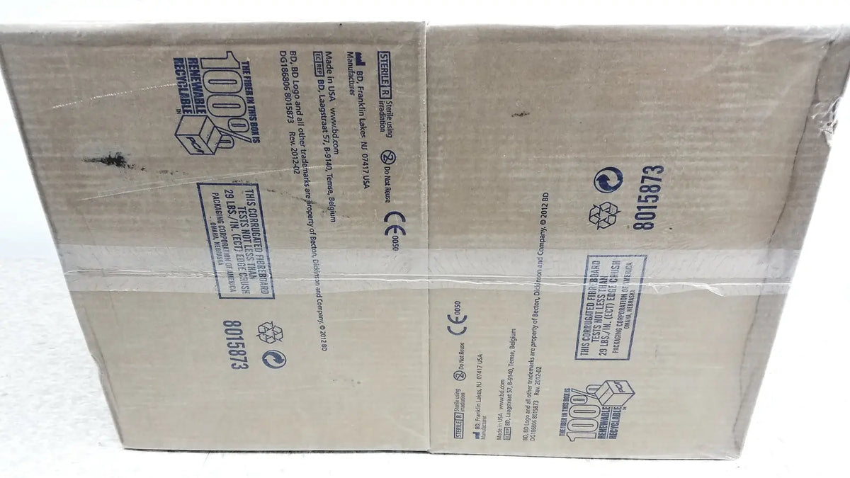 Brown cardboard box with printed labels and recycling symbols containing 160 piece 60ml syriinge luer-lok tip ref 309653