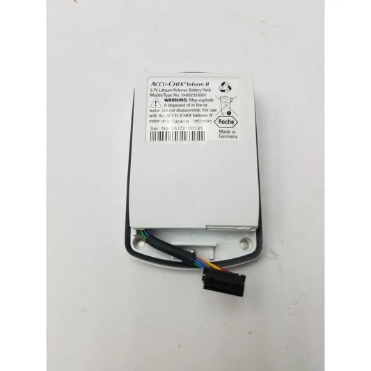White rectangular 3.7v lithium battery pack for accu-chek inform ii with black connector and multicolored wires by roche germany