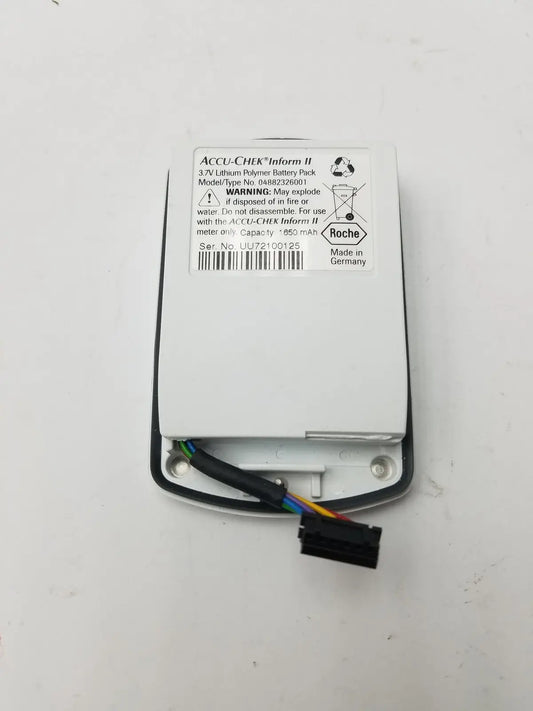 White rectangular 3.7v lithium battery pack for accu-chek inform ii with black connector and multicolored wires by roche germany