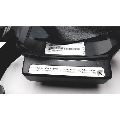 Black plastic respirator mask with barcode and multilingual warnings for papr versaflo blower mx2169225 product