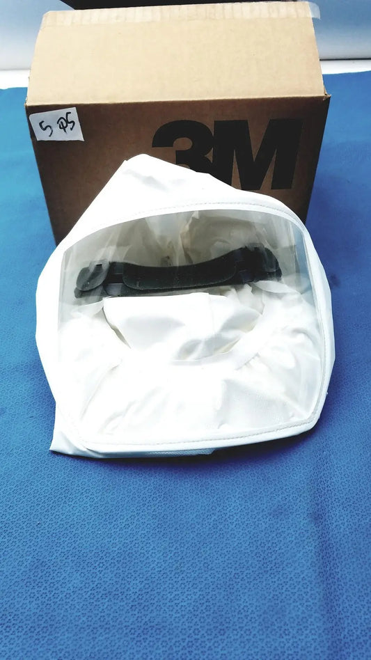 White protective face shield with transparent visor and black adjustable headband in 3M s-533s high durability hood box