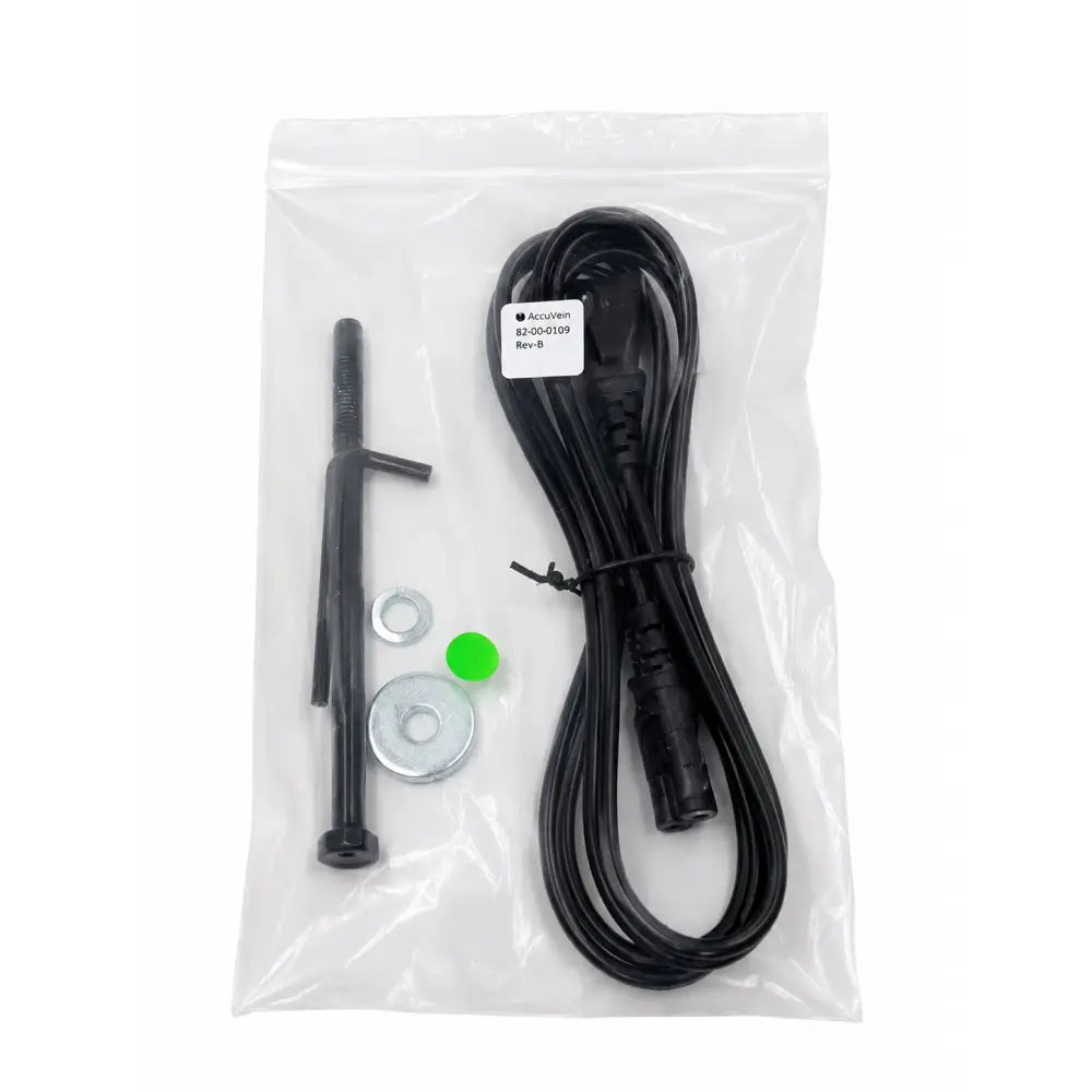 Black power cord with label accuven 82-00-0109 rev-b and tools for accuvein hf580 vein finder with powered rolling stand