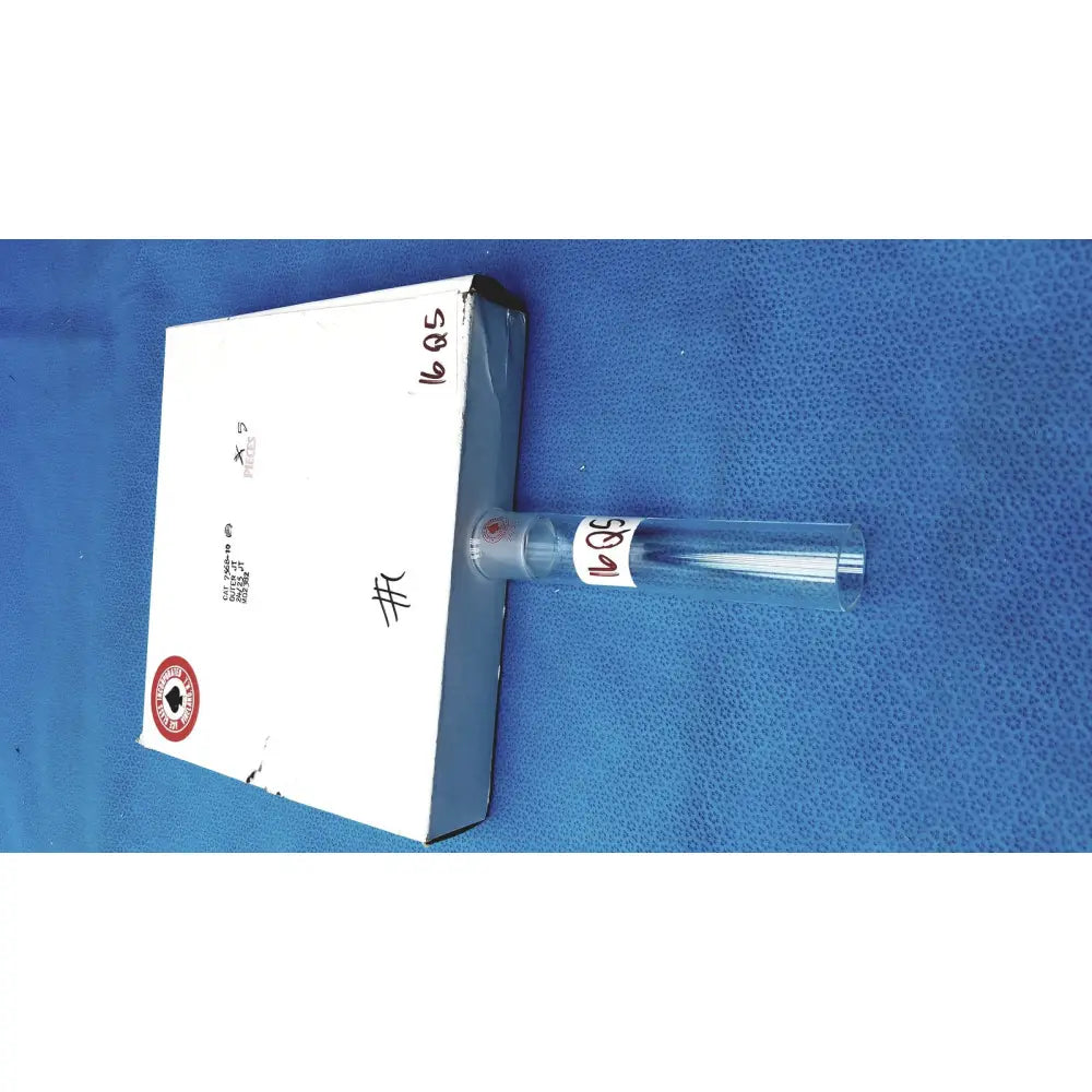 White cardboard box with blue edges and red logo containing ace glass outer glass outer member ground glass joint medium length tube
