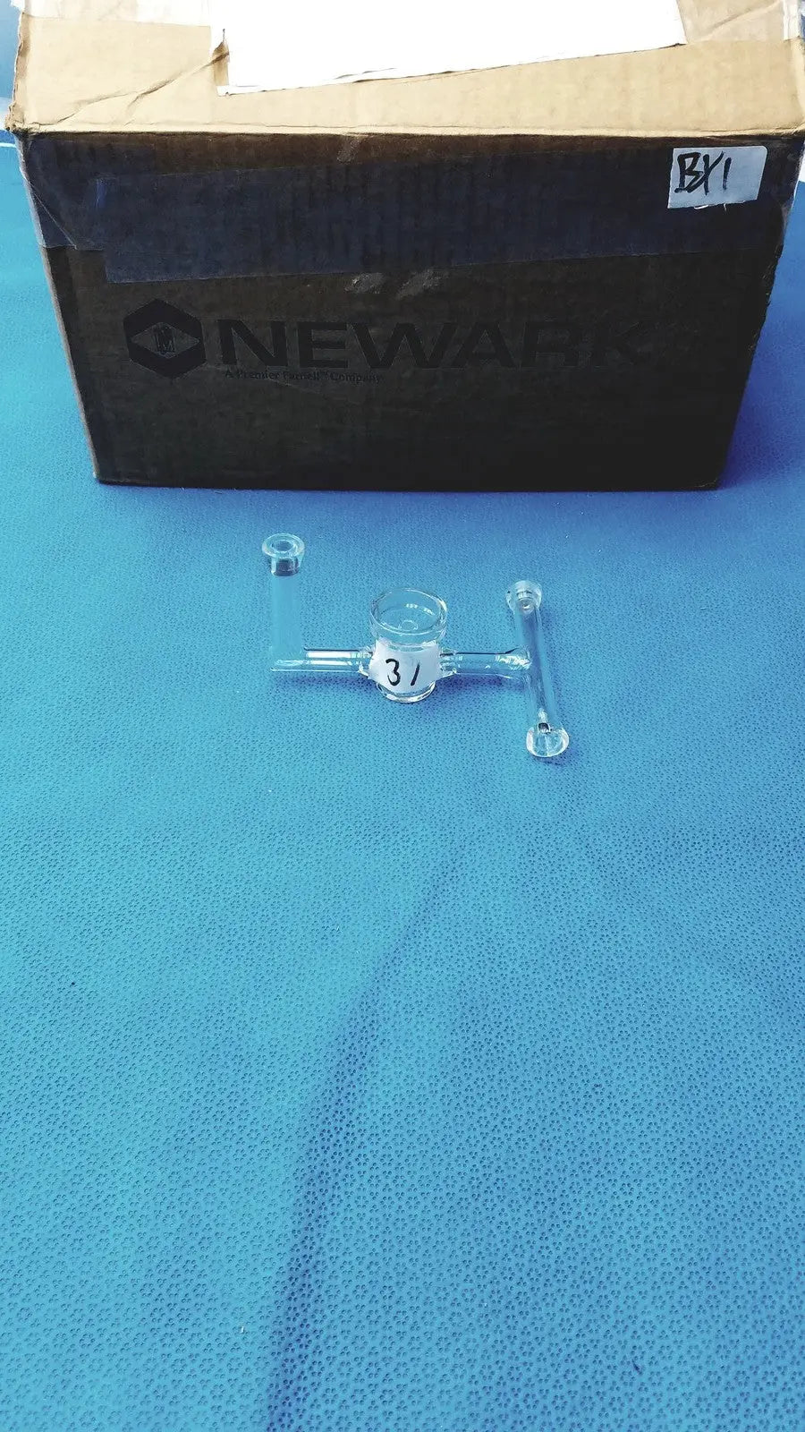 Clear glass ace glass straight bore stopcock with central bulb and two side tubes marked with 3 for precise lab use