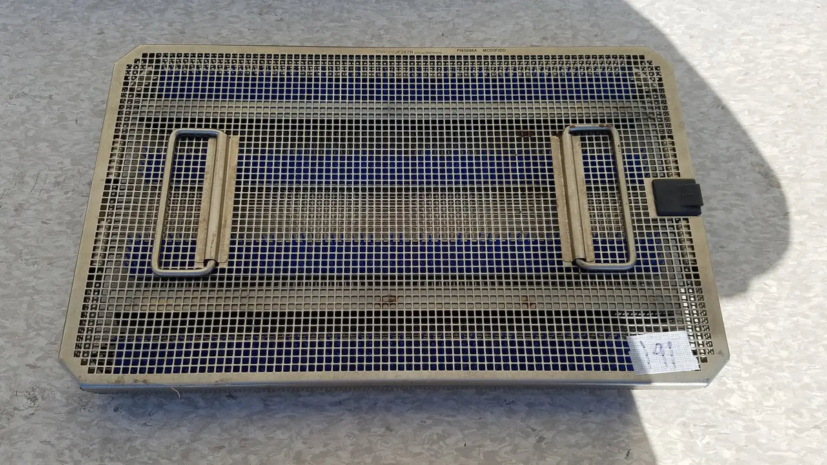 Metal mesh sterilization tray with blue interior and side handles for aesculap jf257r jf251r sterilization case tray pn3046a modified