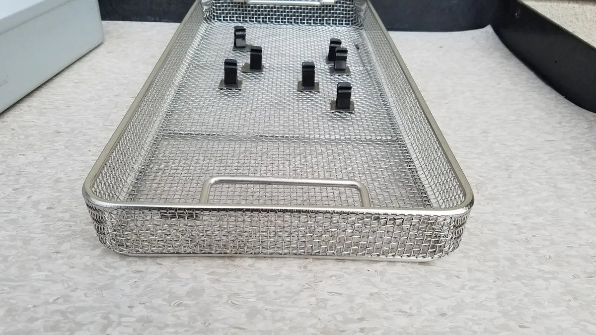 Stainless steel mesh surgical instrument tray with black plastic handles for aesculap jn821 sterilization case instrument use
