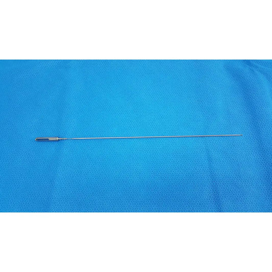 Silver surgical retractor with slender metallic shaft and textured handle in aesculap laparoscopic grasper model p0623r