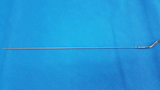 Aesculap laparoscopic instrument model pm 716r slender metallic surgical tool with straight shaft and curved handle end