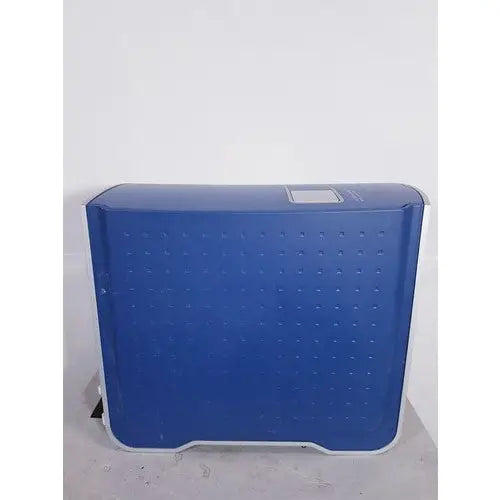 Blue perforated plastic storage box with white trim for affymetrix genechip scanner 3000 reuse medical equipment