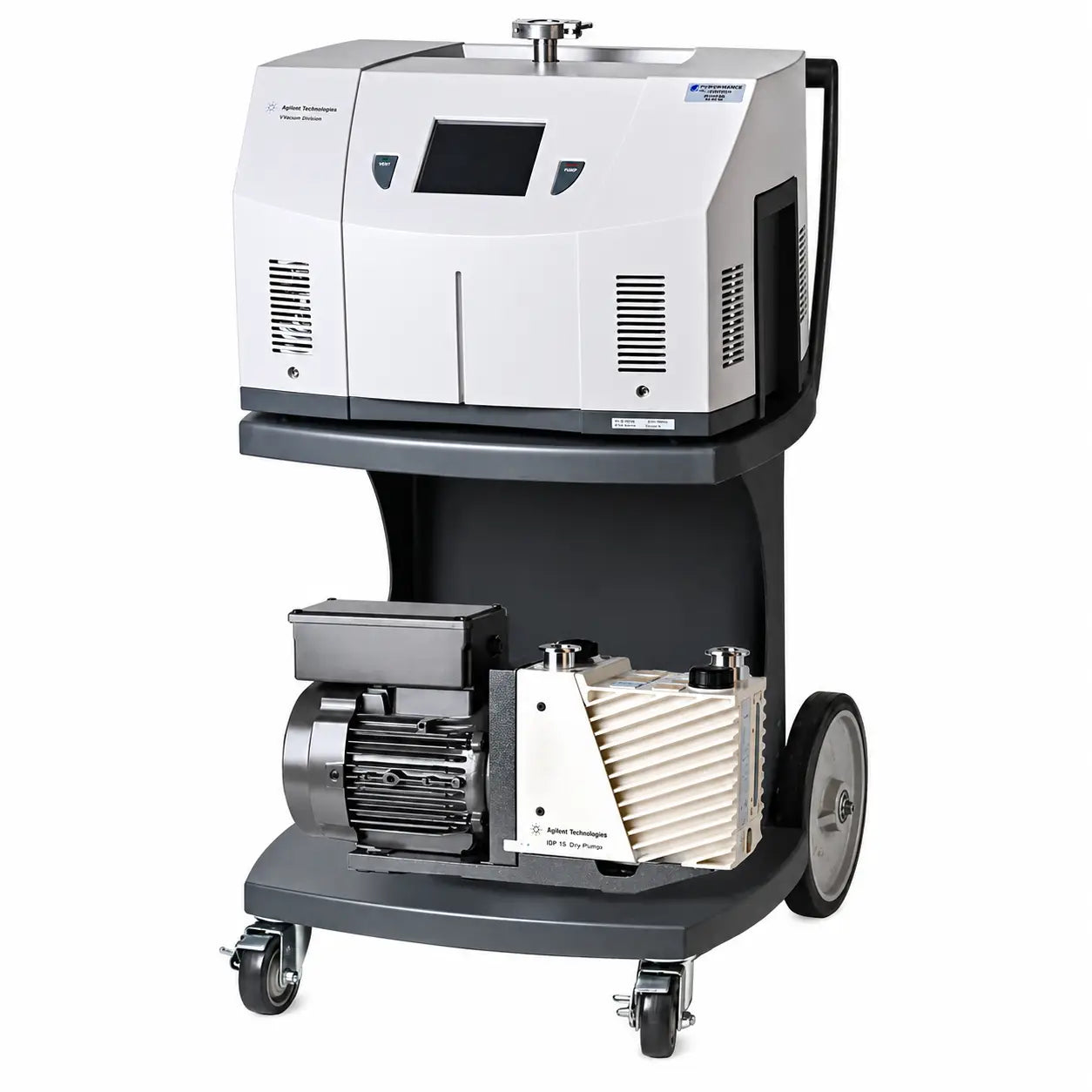 White and gray industrial helium leak detector pump system on wheeled cart with digital display by agilent technologies