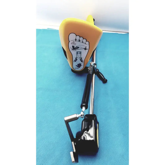 Yellow foot-shaped allen medical yellofins elite lift-assist stirrups with black accents and foot diagram on surface