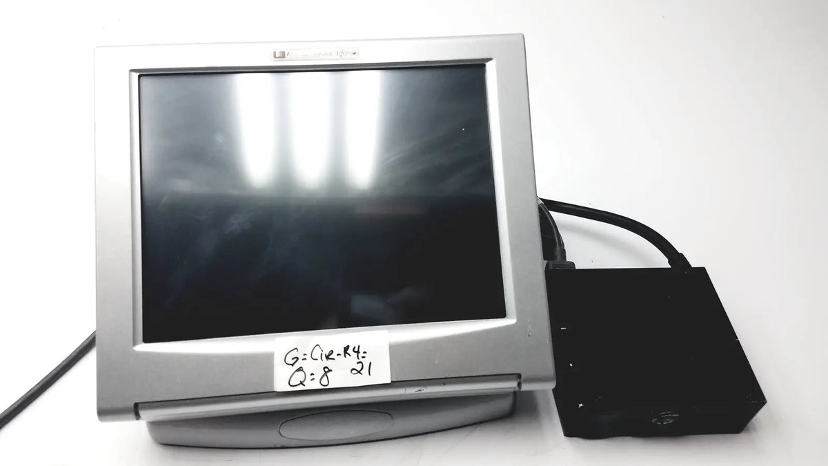 Silver-framed american telecare lifeview home video patient monitor with black screen and white label on bottom bezel
