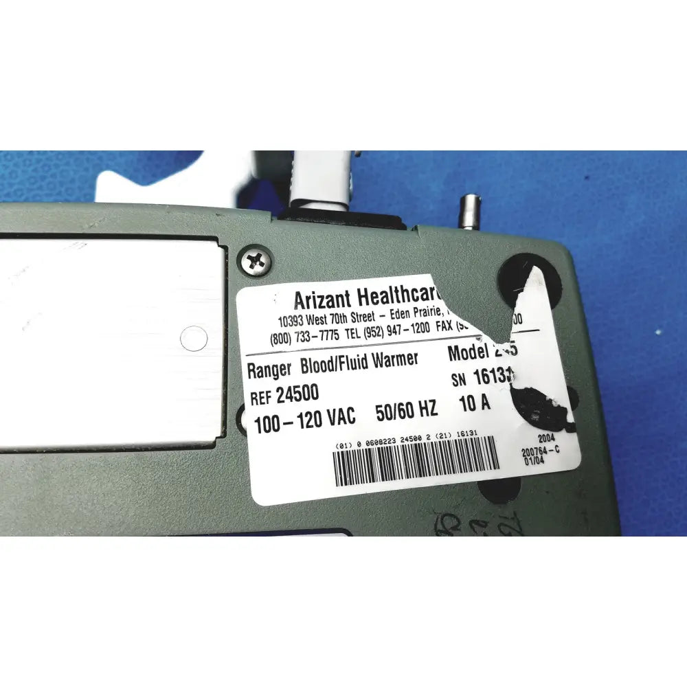 Green arizant healthcare ranger blood fluid warmer unit model 2450 with white label showing serial number sn 1613