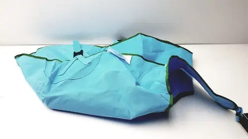 Light blue nylon arjo patient lift sling with green trim and purple interior lining for heavy duty passive lift use