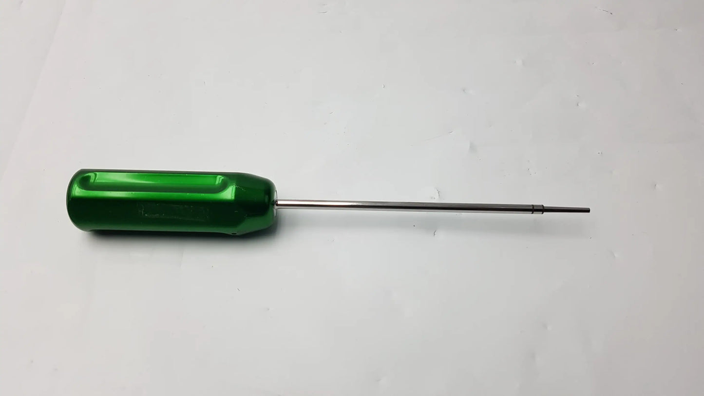 Green metallic arthrex ar-1386 hex cannulated screwdriver with slender polished shaft and ergonomic handle