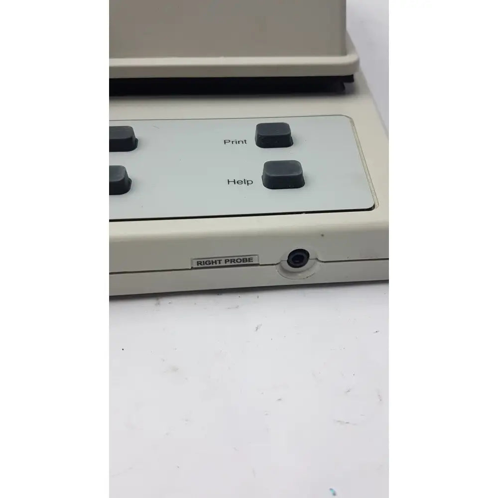 Beige plastic audio scan verifit vf-1 hearing aid analyzer with black print and help buttons and right probe port visible