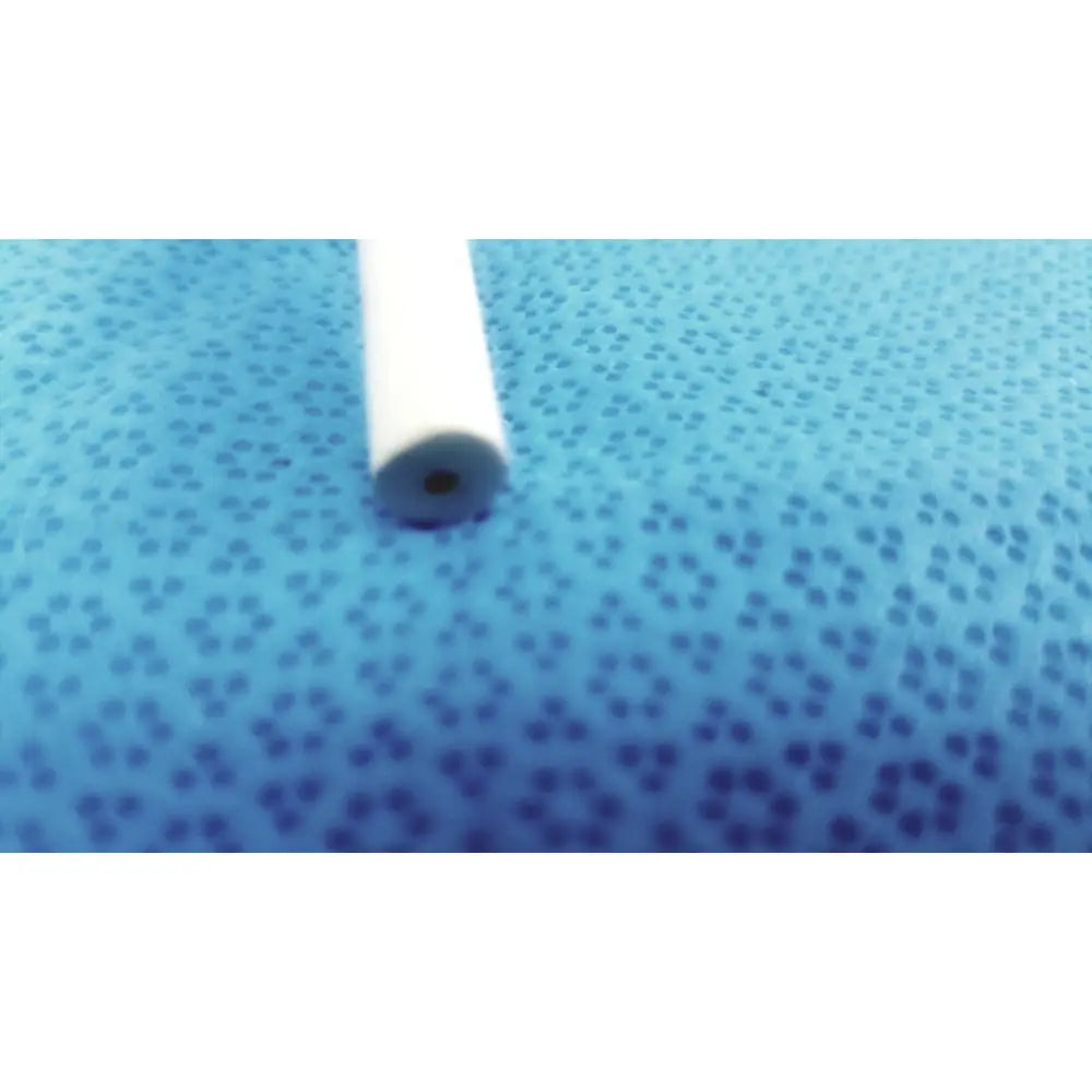 White cylindrical bard 21fr maloney tapered tungsten-filled esophageal bougie with small hole on blue surface