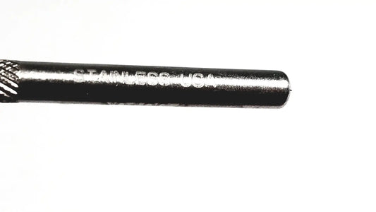 Black stainless steel drill bit with textured grip and engraved stainless usa branding for billeau flexible ear loop size 1