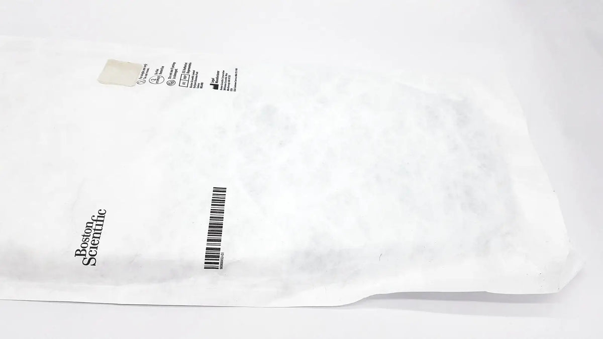 White boston scientific ureteral dilation system packaging bag with barcode and product information label visible
