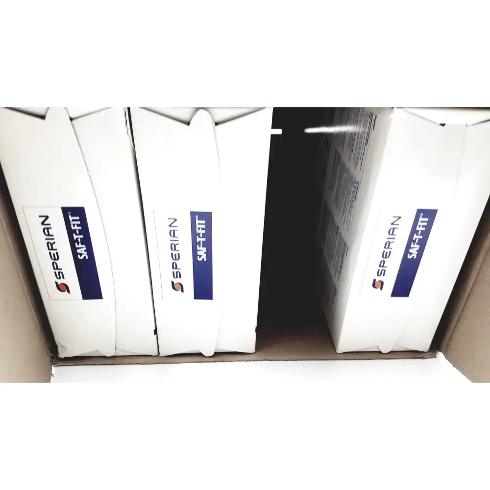 White cardboard boxes sperian saf-fit labeled for n9510f flat fold respirators with blue and orange logo