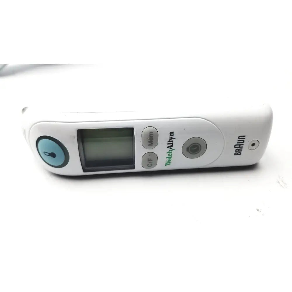 White braun thermoscan pro 6000 ear thermometer ref with non-contact infrared sensor and blue circular button