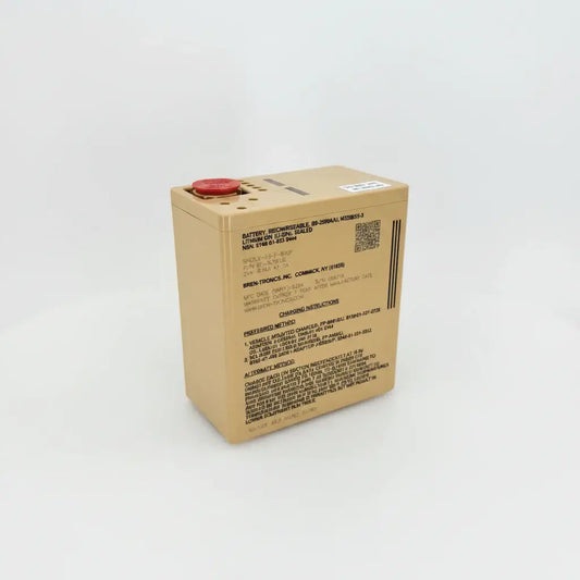 Tan rectangular sealed lead-acid battery with red terminal cap and black labeling bren-tronics bb-2590a operating temperature
