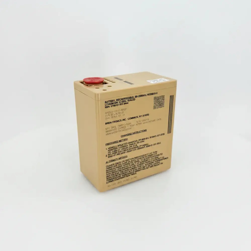 Tan rectangular sealed lead-acid battery with red terminal cap and black labeling bren-tronics bb-2590a operating temperature