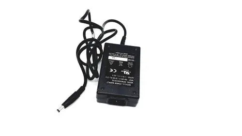 Black plastic ac adapter with coiled power cord and cylindrical connector for bridgepower corp bpm050s12f02 medical use