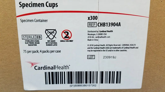 White cardboard box of cardinal health specimen cups chb13904a containing 300 sterile 120ml health specimen cups