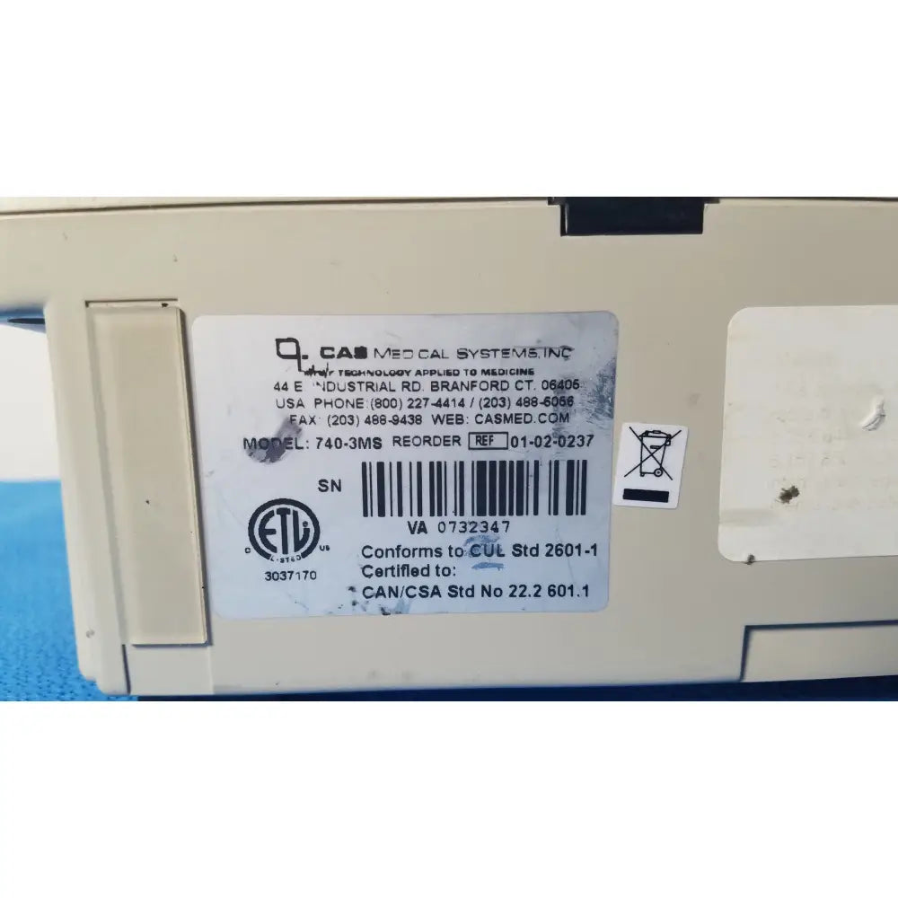 Beige casmed 740 patient monitor nibp spo2 masimo set with white label showing model 740-3ms and serial va 0732347