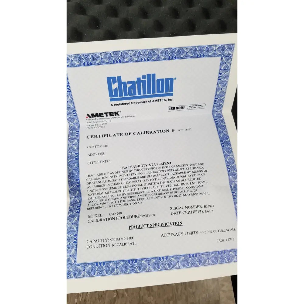 White paper certificate with blue border certifying calibration for chaltilon csd200 dynamometer by ametek inc