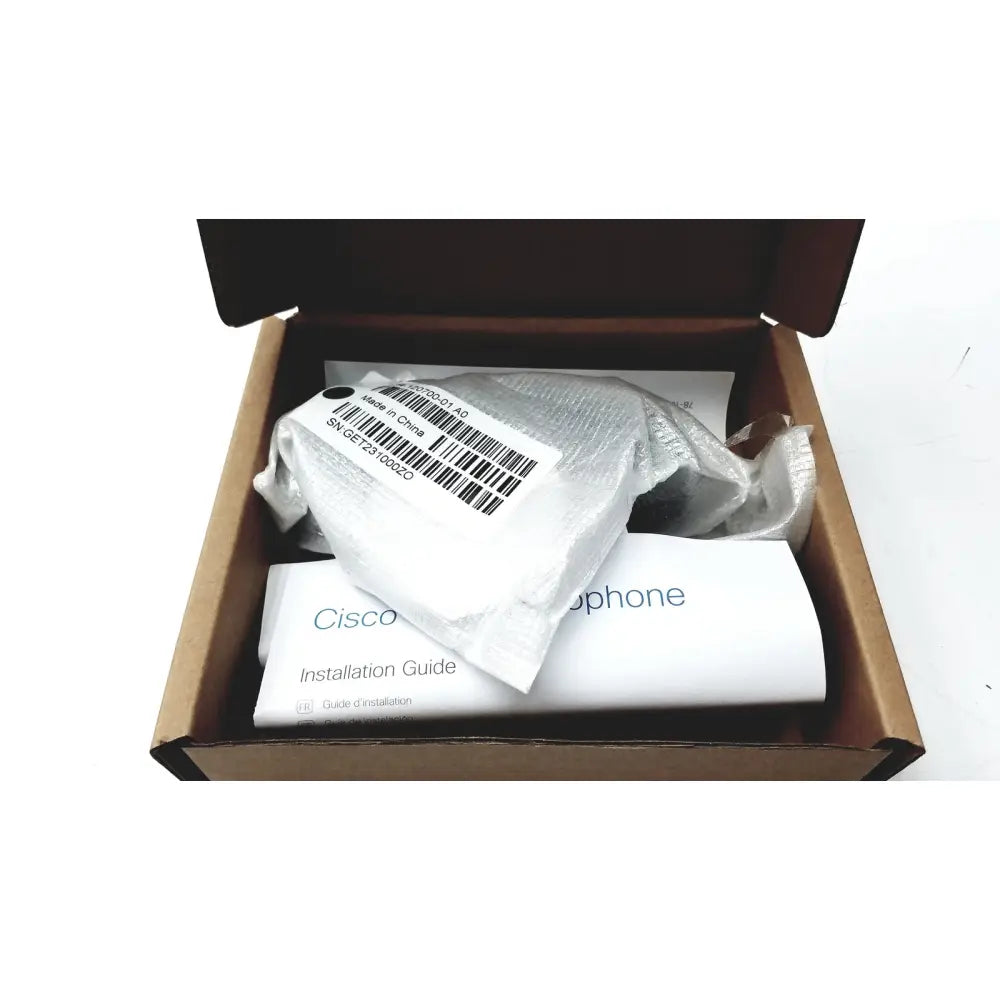 Silver foil-wrapped cisco cs-mic-table-e table microphone with euroblock plug and barcode label visible