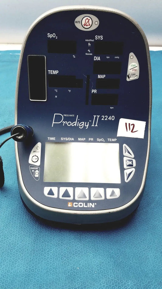 Blue and silver colin press-mate prodigy ii 2240 patient monitor with digital display for non-invasive blood pressure monitoring