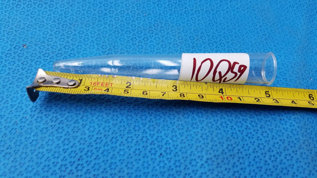 Clear glass conical centrifuge tube with white label and red number 10959 featuring colored graduations and beaded rim