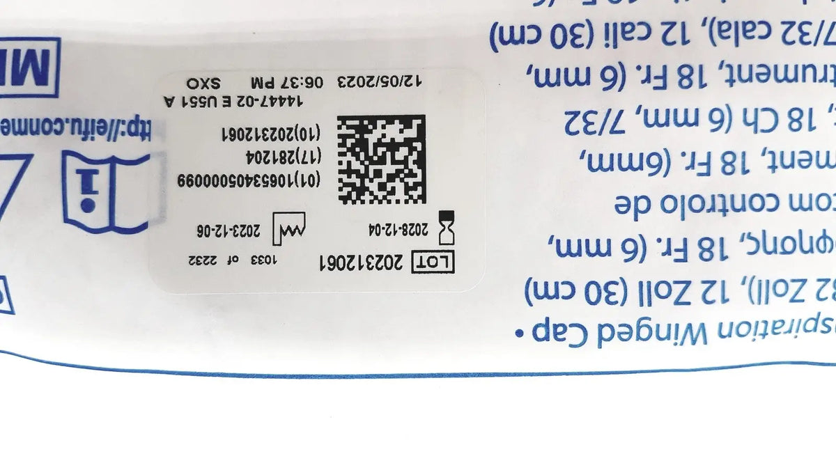 White plastic packaging of conmed 0033040 sigmoidoscopic 18 fr suction instrument with qr code and instrument exp 12/2028