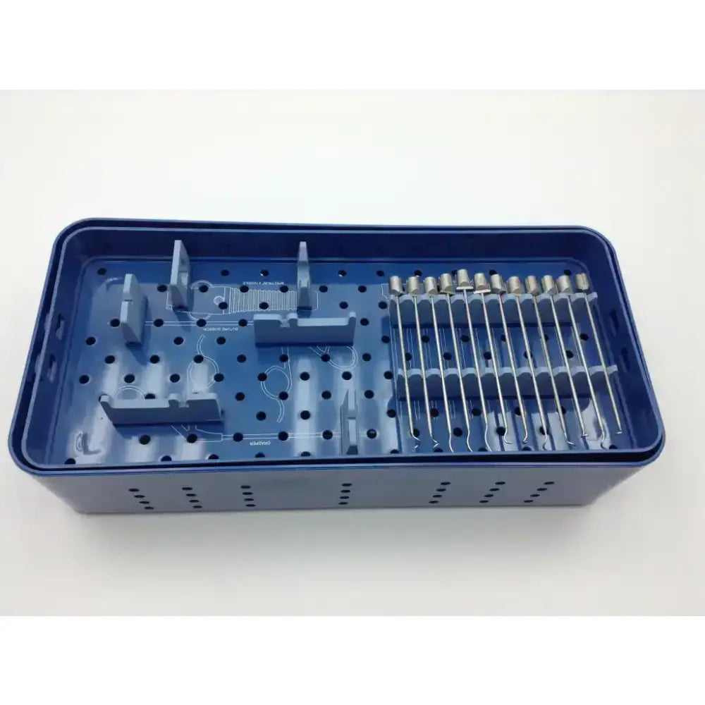 Blue plastic surgical instrument tray with metallic dental tools for tissue repair in conmed linvatec spectrum ii system