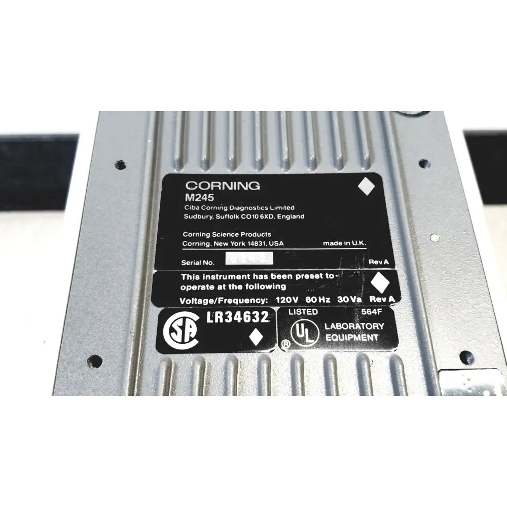 Silver metallic corning 245 ph meter 120v 60hz with black sticker detailing specifications and certifications