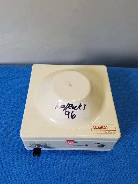 Cream-colored costar model 10 mini centrifuge with fixed position angled rotor and control dial for laboratory use