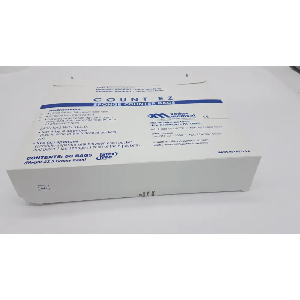 White cardboard box of count ez sponge counter bags by xodus medical containing 50 latex-free sponge counter bags