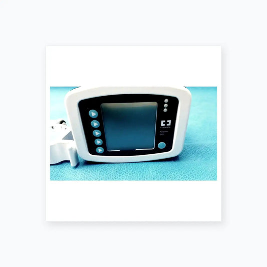 White plastic Covidien kangaroo joey enteral flush pump with black screen blue buttons and pole clamp attachment