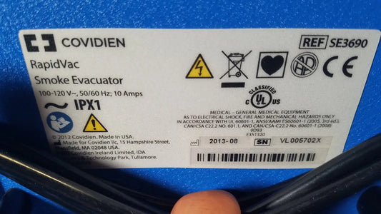 Blue covidien se3690 smoke rapidvac smoke evacuator with white label displaying model number se3690 and safety certifications