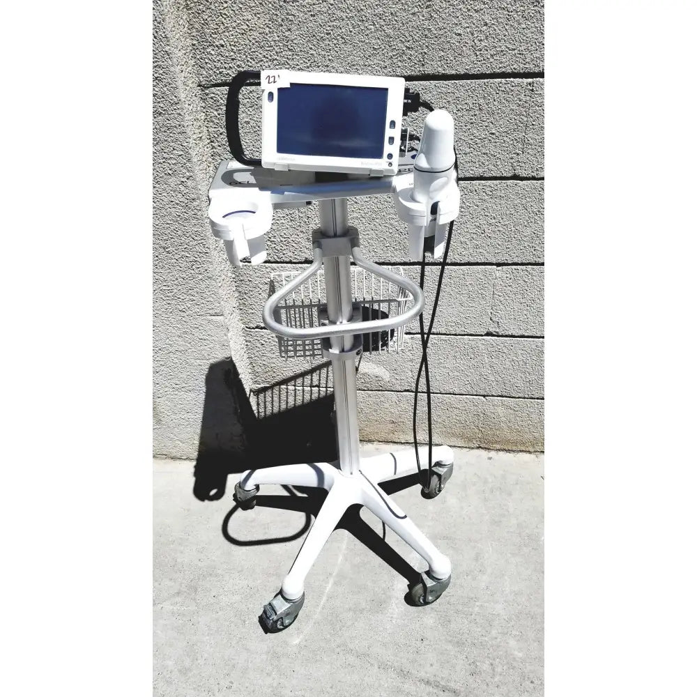 White medical imaging cart with mounted monitor and transducer for Cubescan Biocon-700 bladder volume measurement system