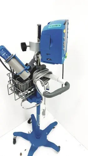 Blue medical dental handpiece stand with adjustable arm and storage basket for cynergy cynosure dermatology laser
