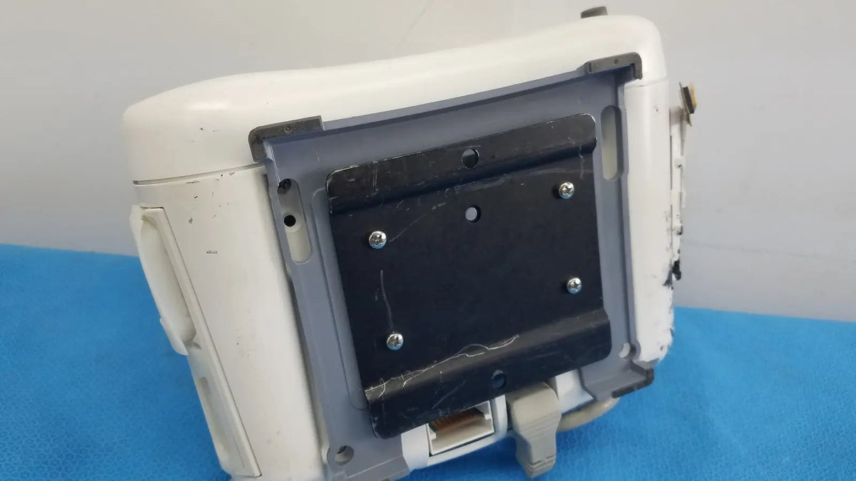 White plastic masimo set ref patient monitor component with black mounting plate secured by silver screws dash 3000