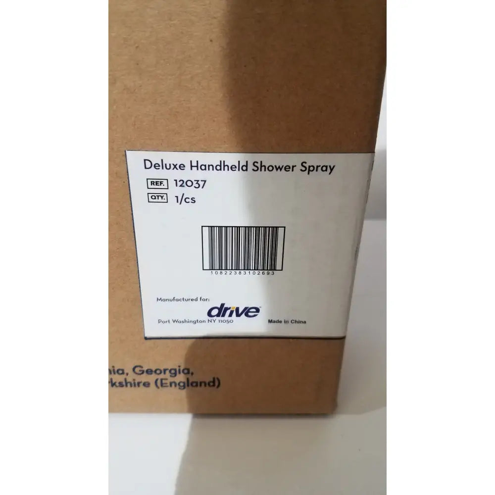 Drive Medical Deluxe handheld shower spray head with extra-long hose in cardboard box with white label and black text