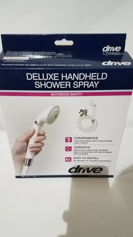 Drive medical deluxe handheld shower spray head in white with chrome accents and ergonomic design for adjustable use