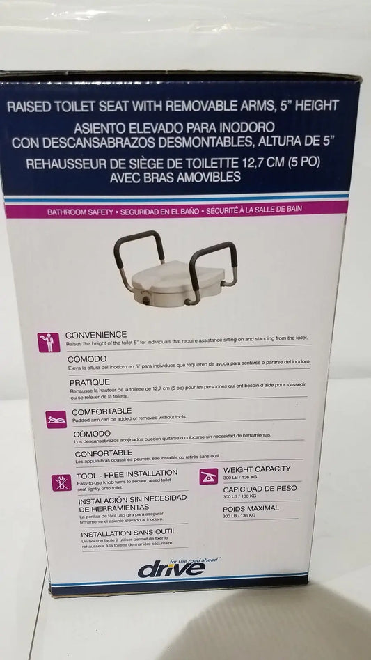 White plastic drive raised toilet seat with 5 inch height and removable arms for enhanced support and comfort