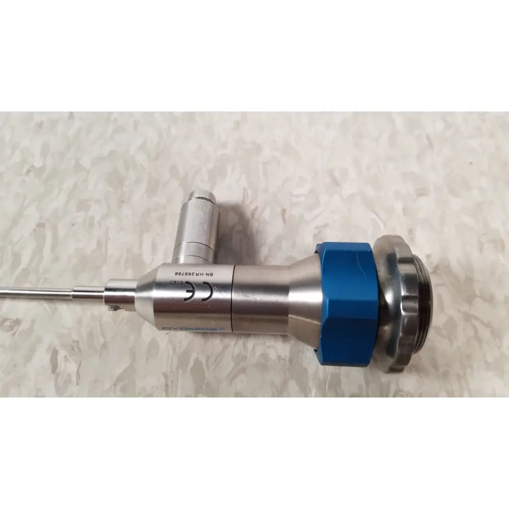 Dyonics 30 degree SN HR 268768 silver and blue metallic reuse medical endoscope with threaded connection and engraved markings