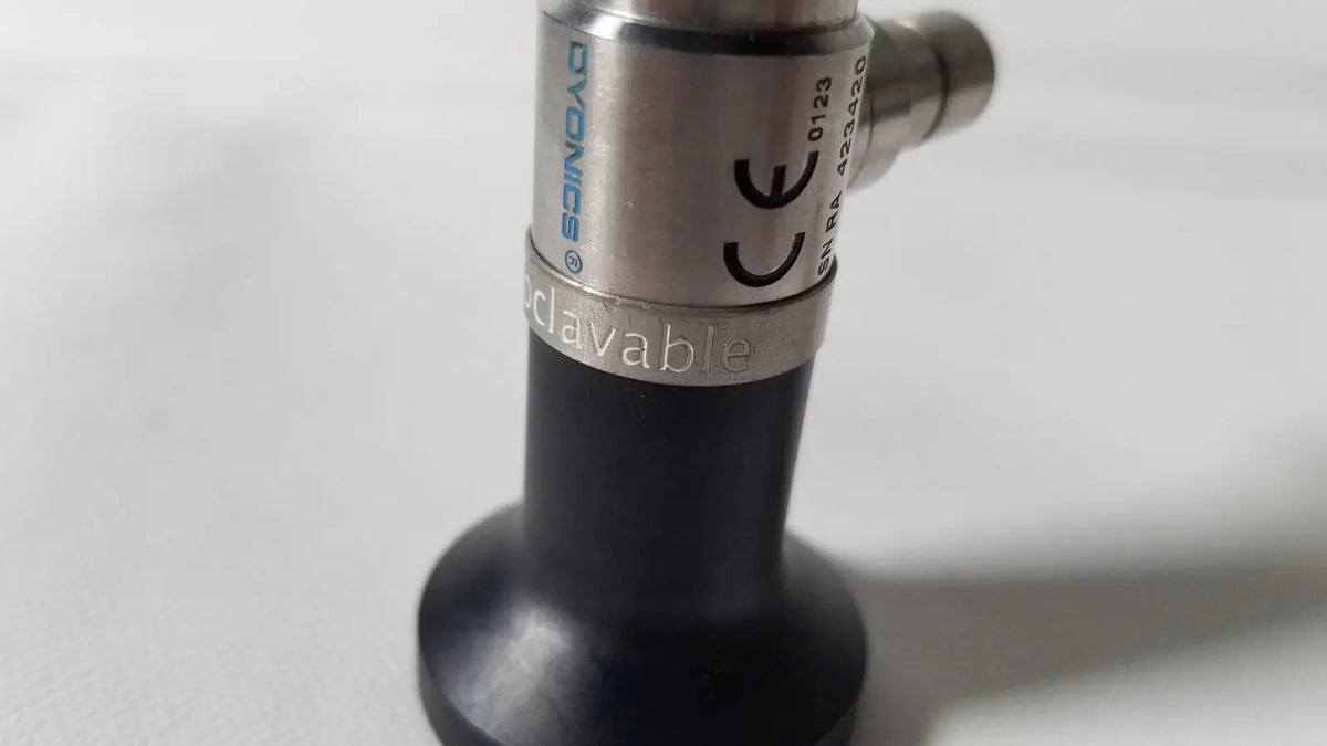 Silver and black dyonics autoclavable 4mm 70 degree arthroscope with engraved branding ce mark and model number on housing